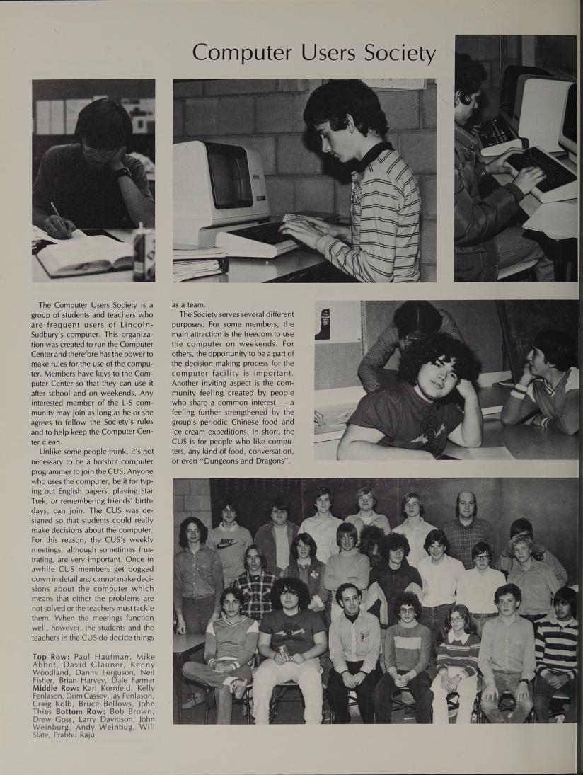 Computer Users Society, Lincoln-Sudbury, 1981. Jay Fenlason is in the middle row (fourth from right); Kenny Woodland is in the top row (far right). The caption mentions Dungeons and Dragons.