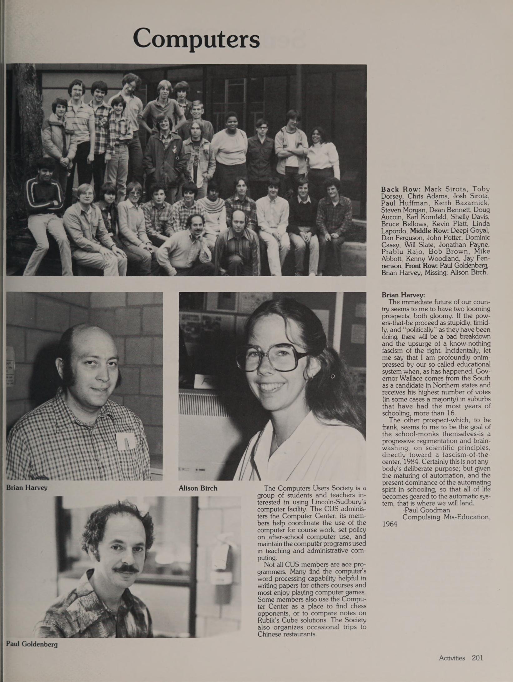 The Lincoln-Sudbury computer community, 1982 — the year Hack was distributed at USENIX. Brian Harvey, Jon Payne, Kenny Woodland, and Jay Fenlason are all pictured.